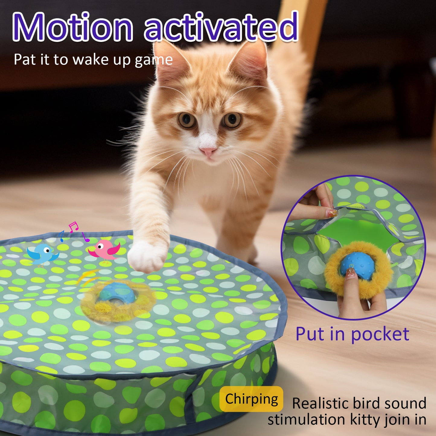 BENTOPAL Green Polka Dot Motion Chirping Cat Toy Ball
