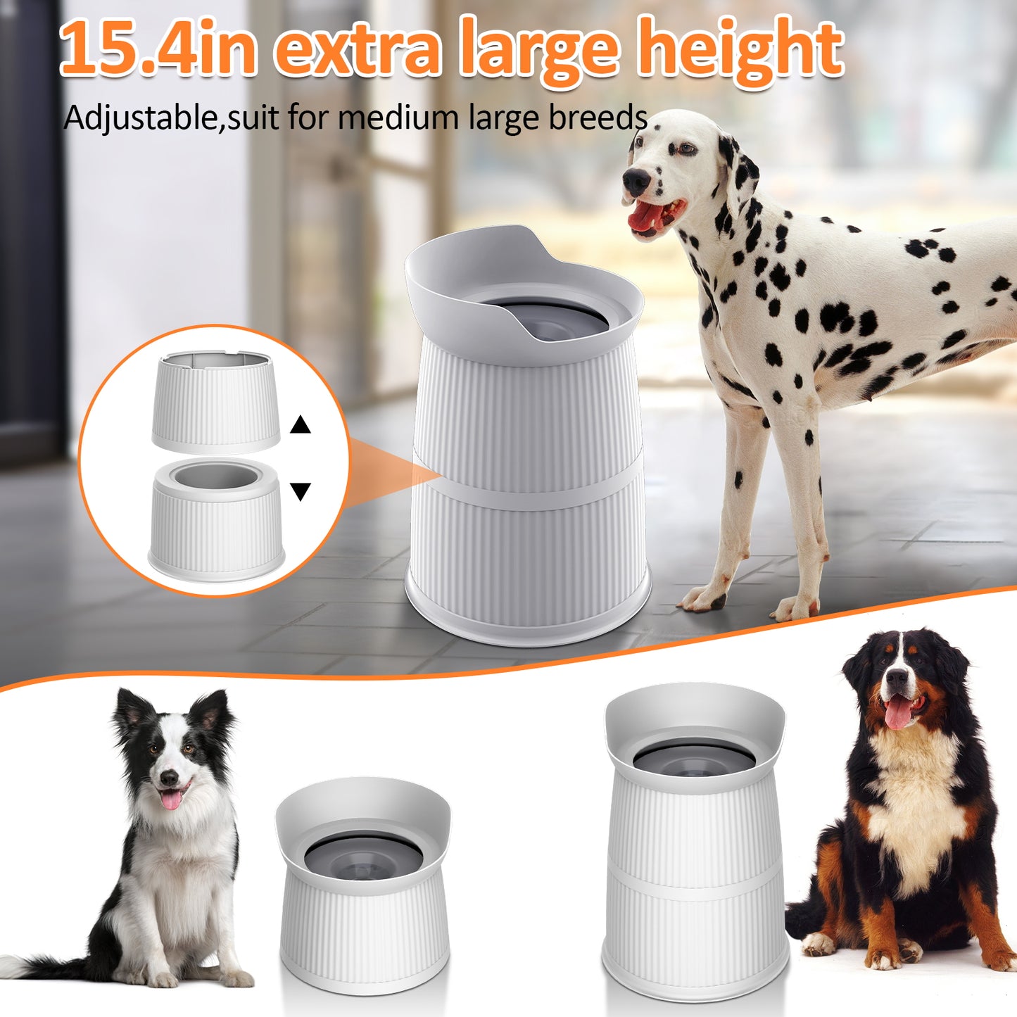 Bentopal Elevated Dog Bowl, Large (15.4 inches tall), with Stand, 4.4-Liter Spill-Proof Dog Water Bowl, Stainless Steel Bowl, Adjustable, Tip-Proof, Non-Slip Pet Water Dispenser (Suitable for Large and Medium-Sized Pets)